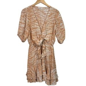 Kivari Australia Small Mini Dress Tie Front Ruffle Hem Tan Tiger Romantic
